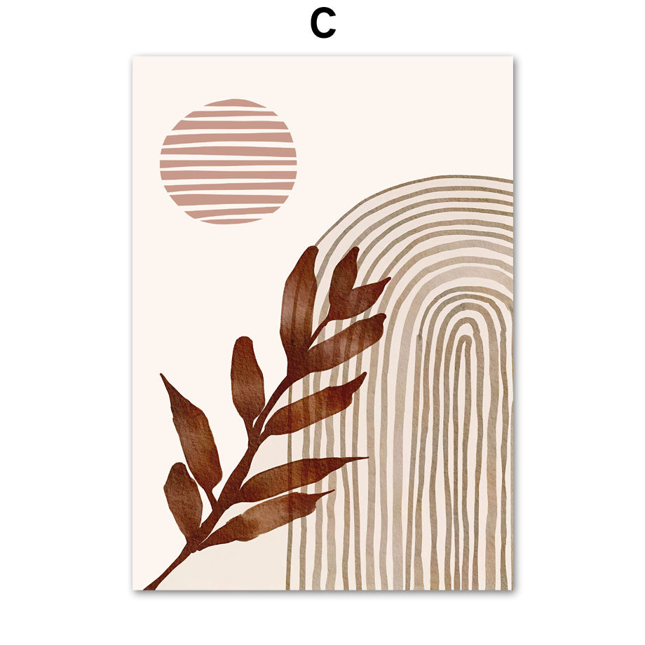 Abstract Line Leaf Canvas Painting – Bohemian Geometric Wall Decor