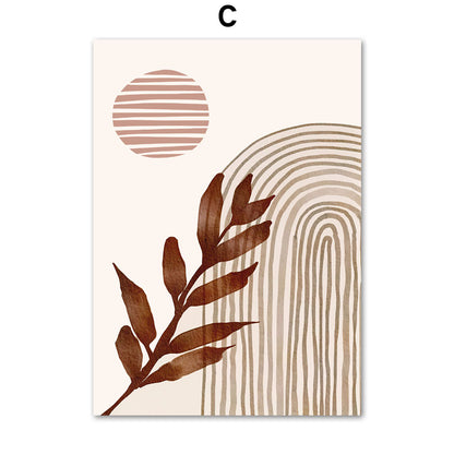 Abstract Line Leaf Canvas Painting – Bohemian Geometric Wall Decor