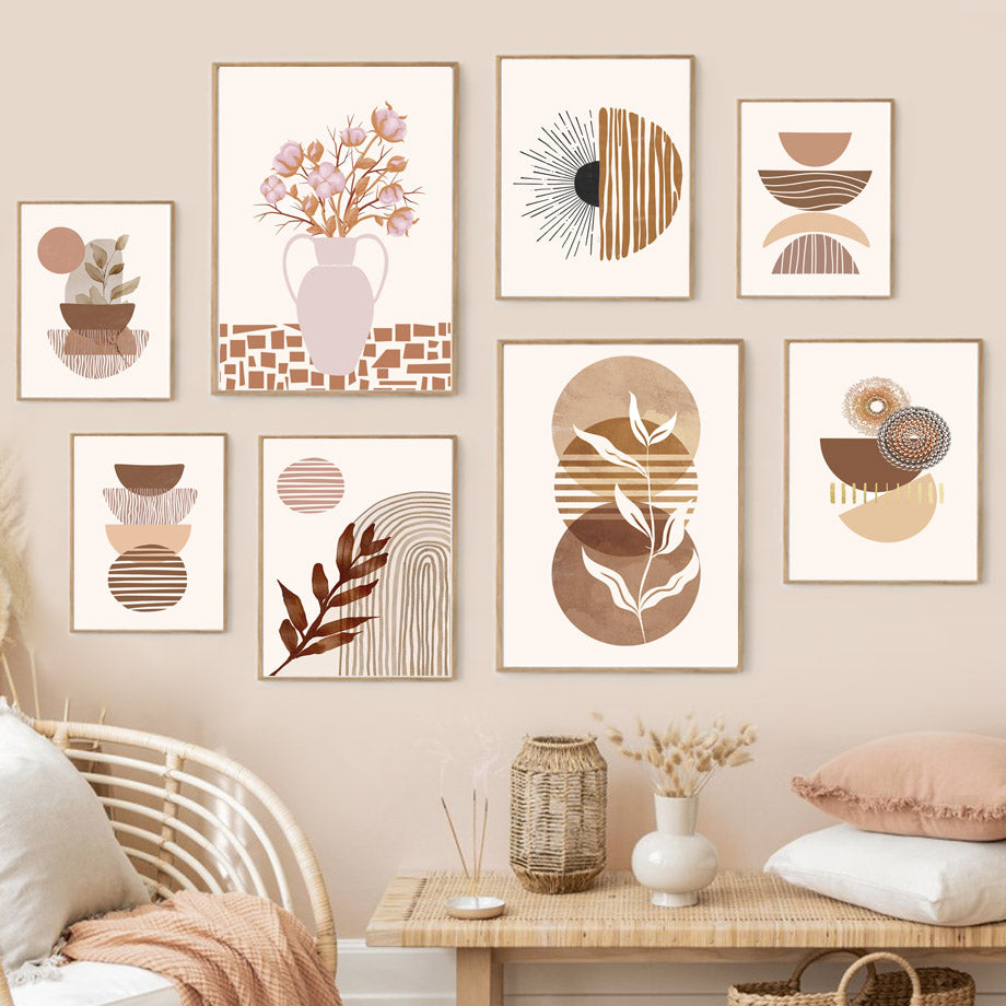 Abstract Line Leaf Canvas Painting – Bohemian Geometric Wall Decor