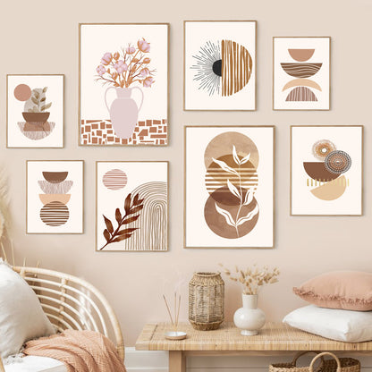 Abstract Line Leaf Canvas Painting – Bohemian Geometric Wall Decor