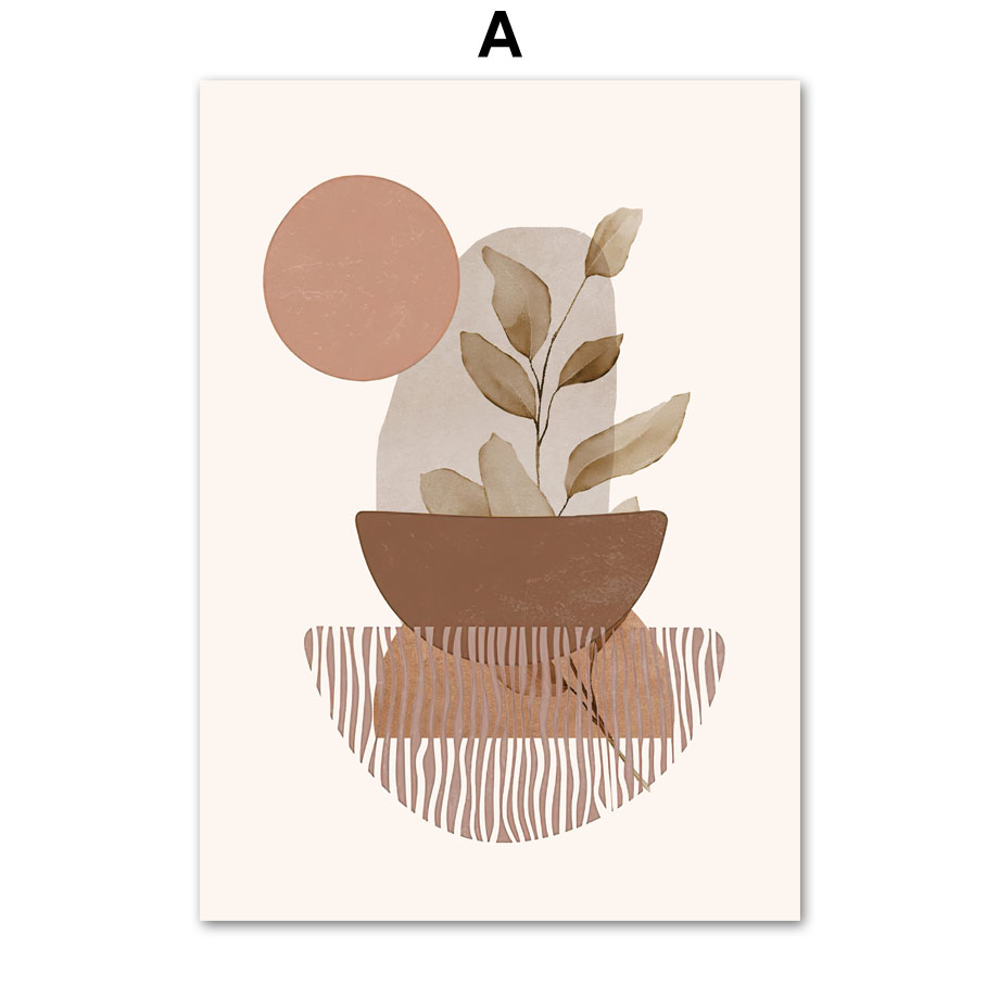 Abstract Line Leaf Canvas Painting – Bohemian Geometric Wall Decor